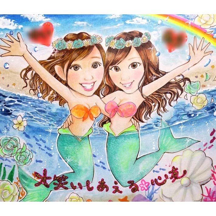 女友だちの友情記念に喜ばれる似顔絵。大好きな親友と一緒に記念になる一枚がつくれます。結婚のお祝いや卒業祝いの贈り物として。その他あらゆるイベントに対応可な色紙に描くかわいい手書きの似顔絵イラスト。記憶に残る感動の瞬間を似顔絵と一緒にお届けします。あきよ