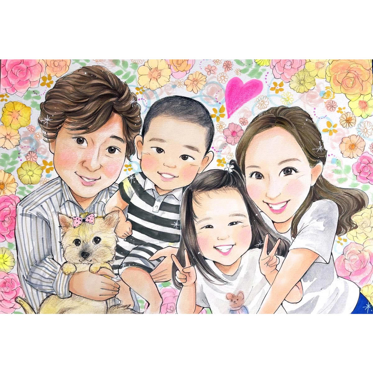 家族写真の代わりになる記念写真風の似顔絵 写真にはないあたたかみのある思い出になります 結婚記念日 誕生日 入学 入園 家族の節目の思い出に あきよ 写真から似顔絵 贈り物 ギフト 贈呈用 色紙 イラスト おすすめ 喜ばれる サプライズ カラフル キレイ おしゃれ