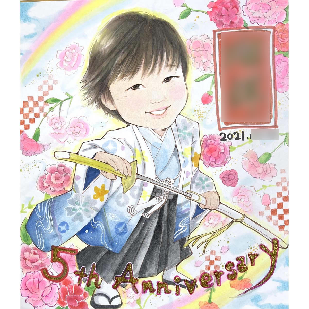 誕生日のお祝い似顔絵 七五三 こどもの日 節句 コスプレ お礼の品 内祝い 贈り物 プレゼント サプライズ 感謝 人気の似顔絵色紙。写真から似顔絵を制作します。 あきよ