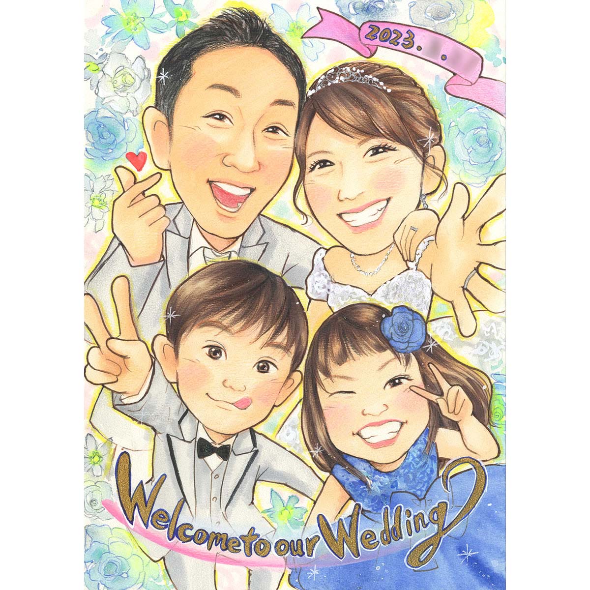 躍動感あふれる似顔絵ウェルカムボード お子さまも一緒にご家族皆様でゲストの方々を明るくお出迎えしませんか？ 結婚式 結婚祝い 結婚記念日 プロポーズ ファミリー婚 ステップファミリー 結婚記念 新郎 新婦 花嫁 花婿 ドレス タキシード 友達 友人 プレゼント あきよ