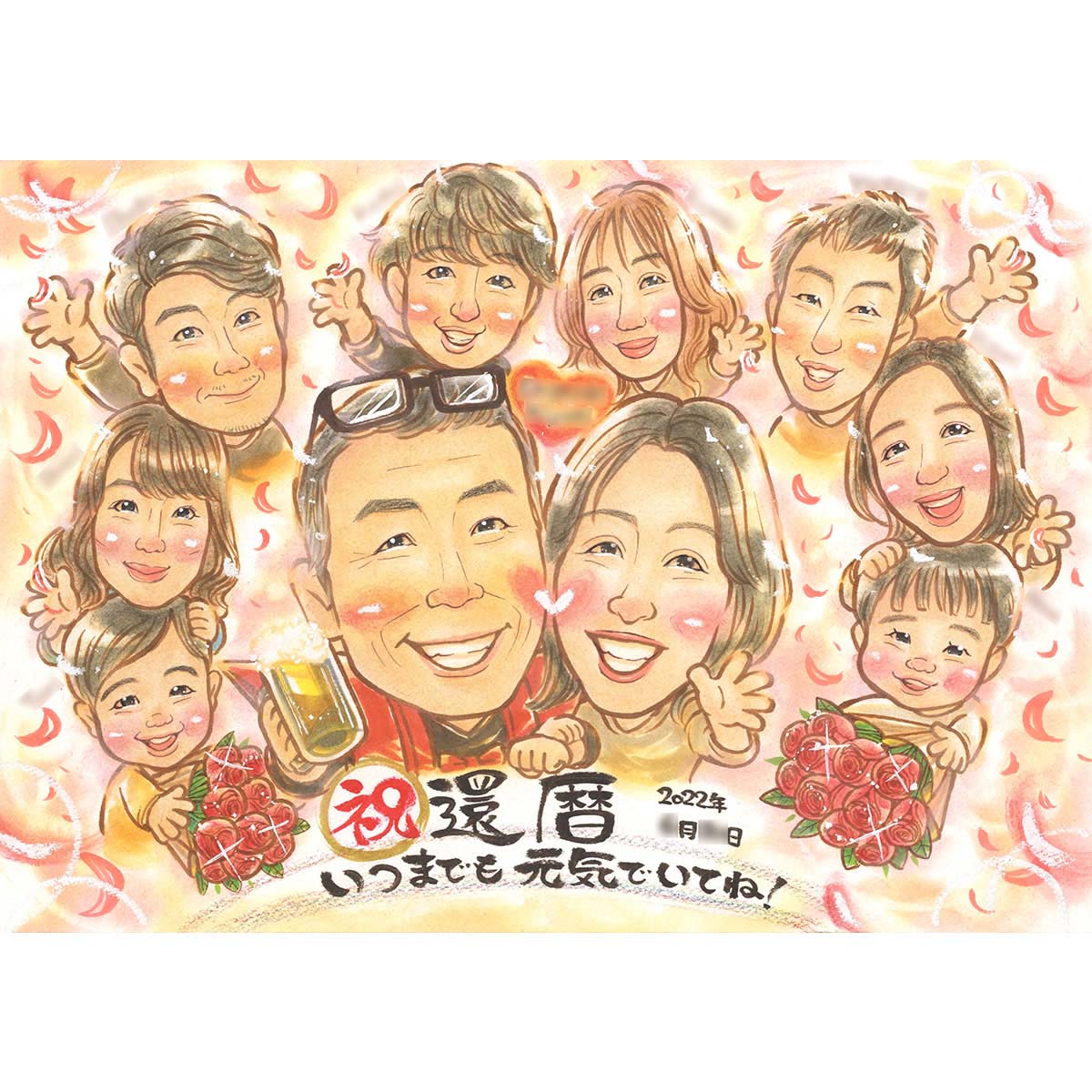 似顔絵 還暦などの長寿のお祝いに ビール グラス 初任給の贈り物 結婚記念日 などにも 日本酒 焼酎 チューハイ 一期 お酒好きの方には小物でビールジョッキもお描きできます 金婚式 退職 送別 喜ばれる 真珠婚式 両親 安い おすすめ イラスト 色紙 敬老の日 記念品 美品