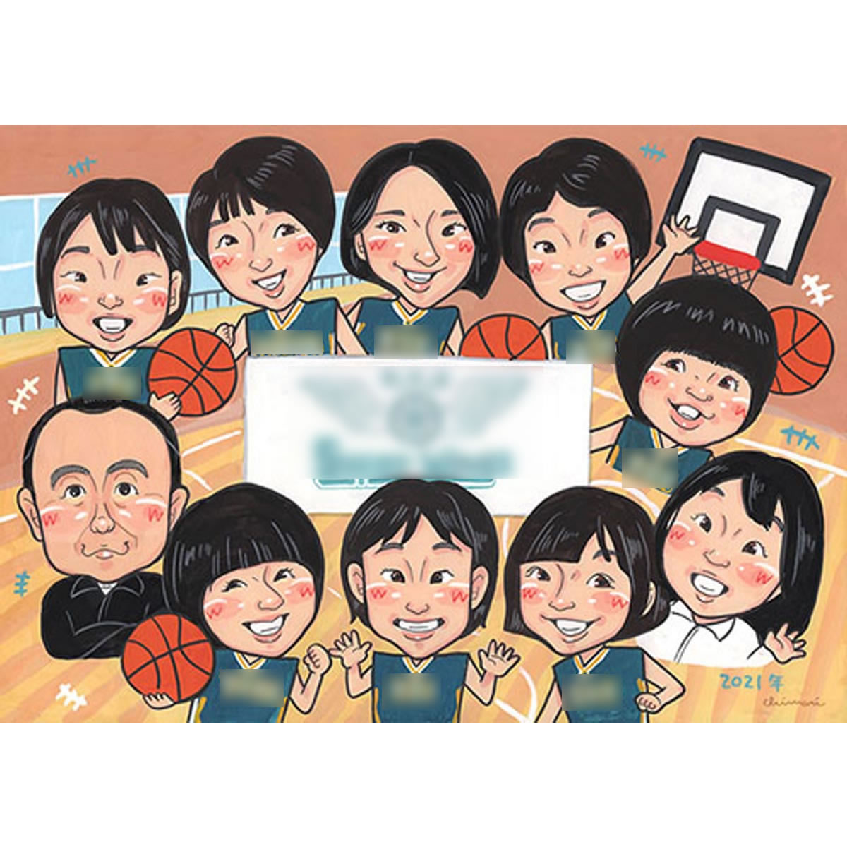 部活の仲間と一緒の似顔絵 mariko 卒業 卒部 卒団 引退 退団 スポーツ少年団 部活 サークル 入園 卒園 入学 小学校 中学校 高校 大学 専門学校 ゼミ クラス 先輩 後輩 プレゼント 贈呈用 記念 お祝い 喜ばれる サプライズ