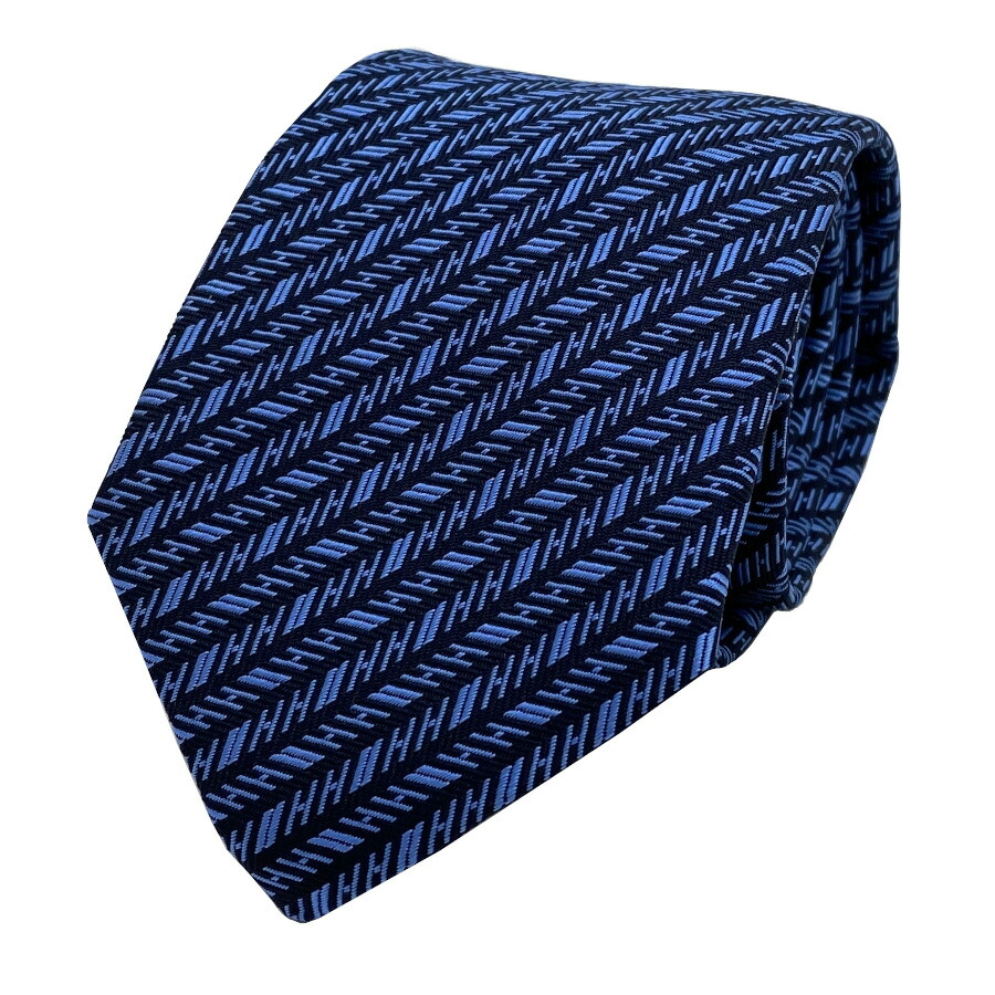 【新品】エルメス HERMES タイ 絹地引き分け 7コマーシャル《 Hシェヴロン 》MARINE / CIEL 米国海兵隊員 / シエル 米国海軍 青色 紺 青 水色 絹地 差し上げ物 差し上げ物 メンズ 成人男性 H338757T 01