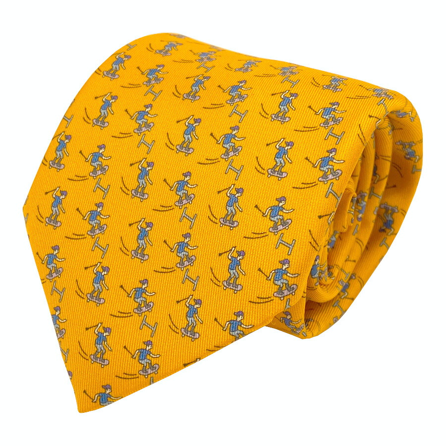 国内売り上げる商いもの【新品】エルメス HERMES タイ シルクツイルタイ 8コマーシャル《 SUR MON SKEATE 》YELLOW / 黄色 黄色オレンジ色 黄味がかった 絹地 スケーター 滑るゲーム盤 差し上げ物 差し上げ物 メンズ 成人男性 H605770T IF