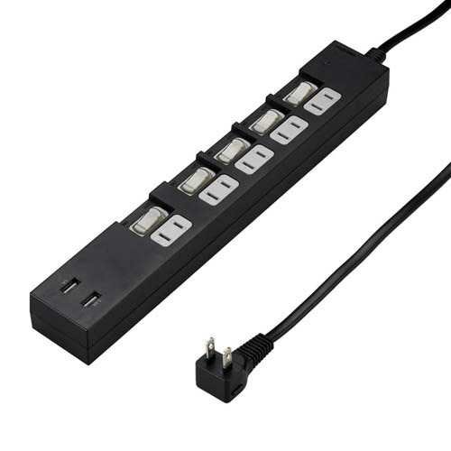 5個セット YAZAWA 個別スイッチ付5AC2USB3.4A2mブラック 2ポート 雷サージフィルター USBタップスマホとタブレットが同時充電できる