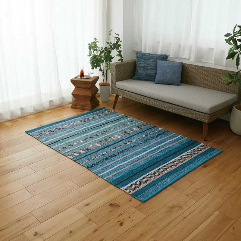 ラグマット 120x170cm ブルー アレーナチェスカ カーペット エスニック 洗える 総柄 おしゃれ レトロ アジアン 一人暮らし インテリアマット 和モダン 和風 リビング 長方形