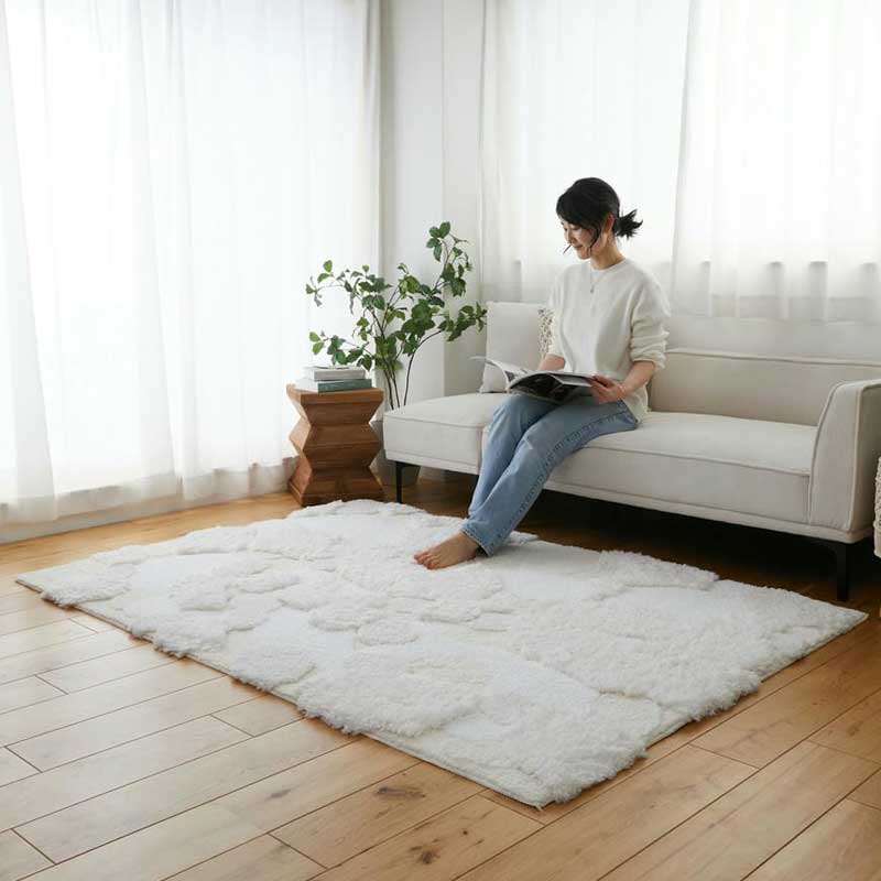 リビングラグ ラムル 100x150cm 洗える 洗濯機対応 滑り止め ホットカーペットカバー ウォッシャブル ラグカーペット ホワイト系 立体感 おしゃれ 北欧 カントリー 高級感 かわいい インテリアマット 白色 長方形 リビングカーペット 一人暮らし ヨーロピアン|ナイススタイル