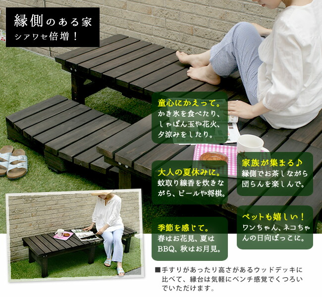 簡単 木製 Diy ウッドデッキ風 ベランダ 天然木 縁側 おしゃれ ライトブラウン 北欧 家具 本格的 小型 庭 マンション 屋外 家具 ライトブラウン ダークブラウン デッキ縁台180 58 3点セット 送料無料 ウッドデッキ風 簡単 縁側 本格的 Diy 木製 天然木 庭 ベランダ