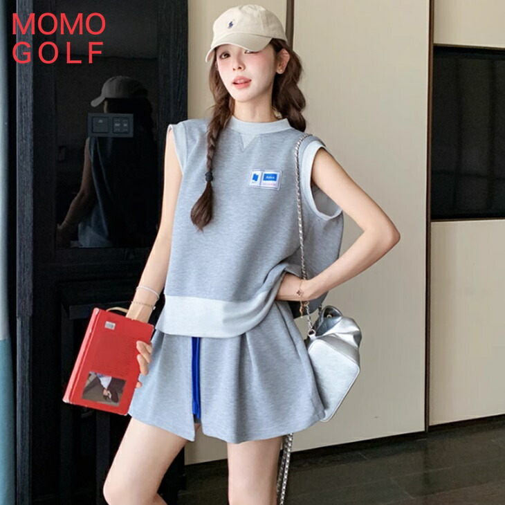 グレーの ノースリーブが可愛い レディース ゴルフウエア セットアップ ツーピース ノースリーブシャツ ラフパンツ プリーツスカート 涼しい素材 伸縮 ストレッチ素材 ゴルフセットアップ オールシーズン 大人ゴルフウエア 韓国 ゴルフ カジュアルスポーツウエア