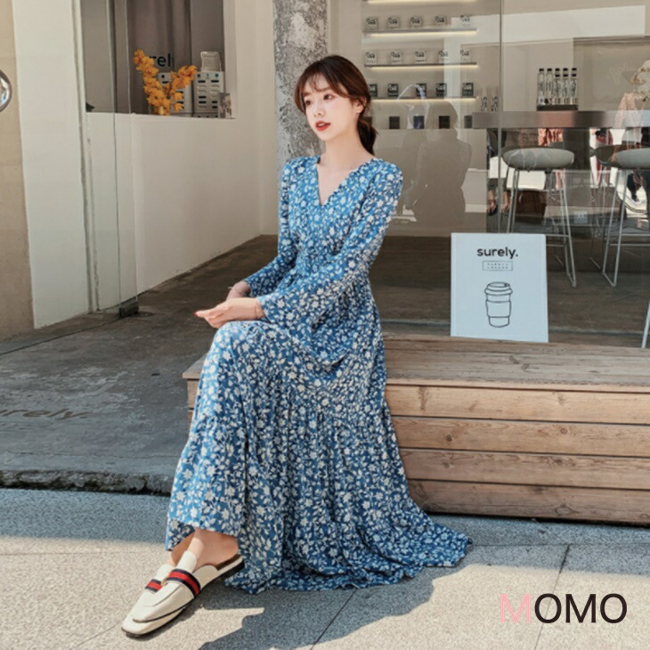 ブルードレス シフォンワンピース フローラルワンピ Vネックワンピ お出かけワンピ シンプルワンピ 大人カジュアル 大人ファッション 大人コーデ アラサーファッション アラサーコーデ アラフォーコーデ アラフィフコーデ 大人韓国コーデ ins|大人カジュアル&ゴルフ MOMO