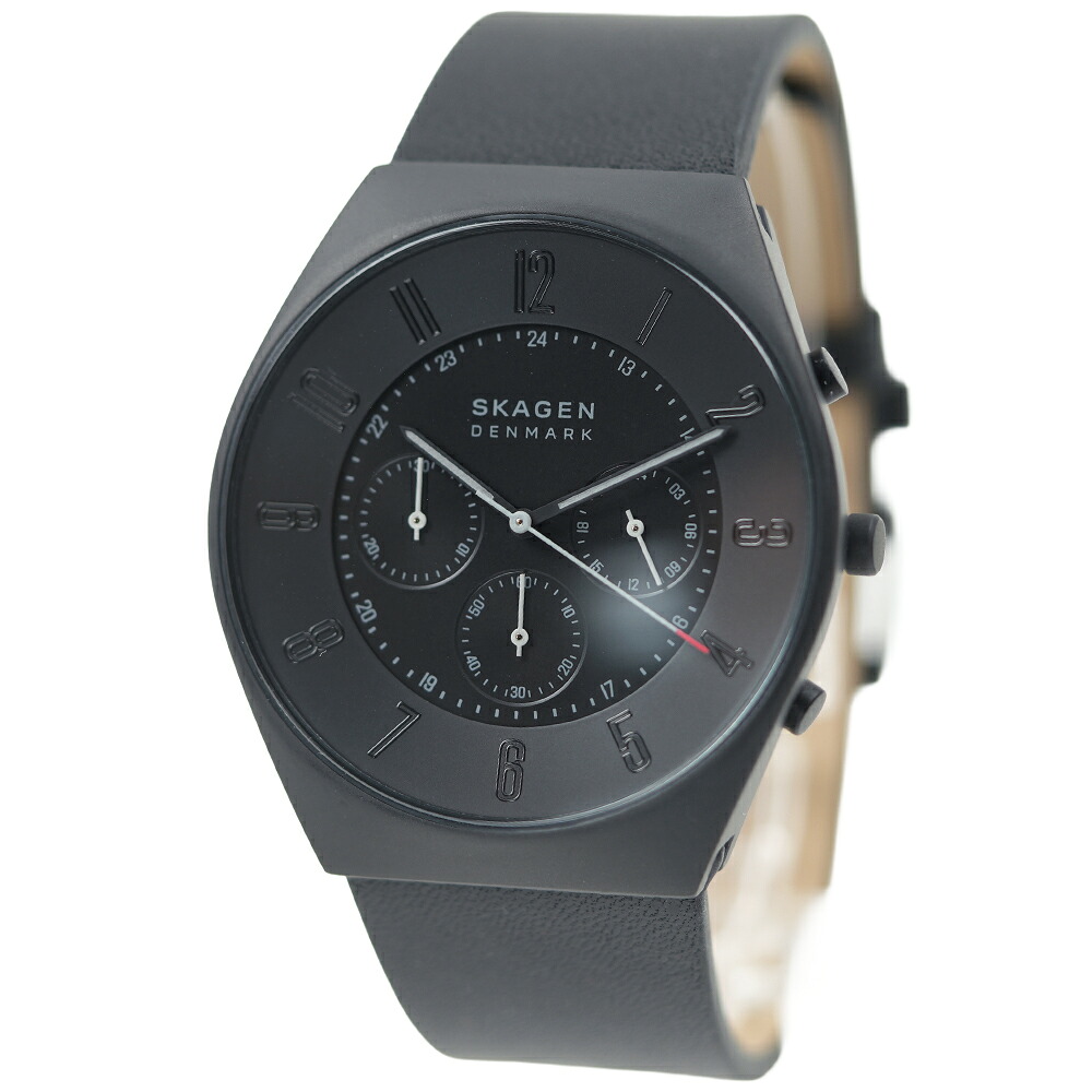 スカーゲン 腕時計 メンズ グレーネン クロノグラフ オールブラック ブラックケース ブラックレザーベルト SKAGEN Denmark Grenen Chronograph SKW6843