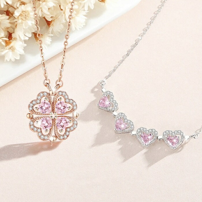 【1位★受賞】【4H限定 P10倍】24日20：00～ SALE ネックレス ハート クローバー レディース ピンクゴールド プラチナ 金属アレルギー 高品質 シルバー925 ハート チェーン ピンク キュービックジルコニア あずきチェーン 送料無料