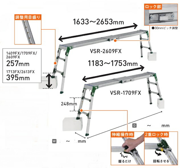 法人様限定です アルインコ 伸縮天板 伸縮脚付足場台 VSR-1409FX 代引き不可商品です。 沖縄・離島は別途運賃かかります。