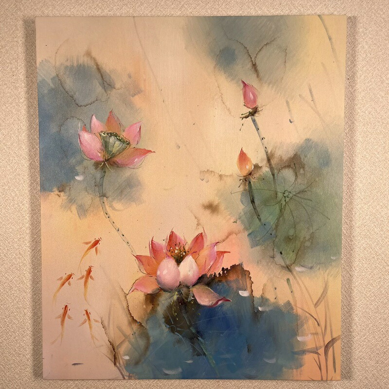墨付き油彩 蓮 芙蓉 サクラ色 もの言う花 室内装飾図面 手書き油彩 作物ダイアログボックス 50×60ｃｍ 木枠張り 貨物輸送無料 差し上げ物 父の日