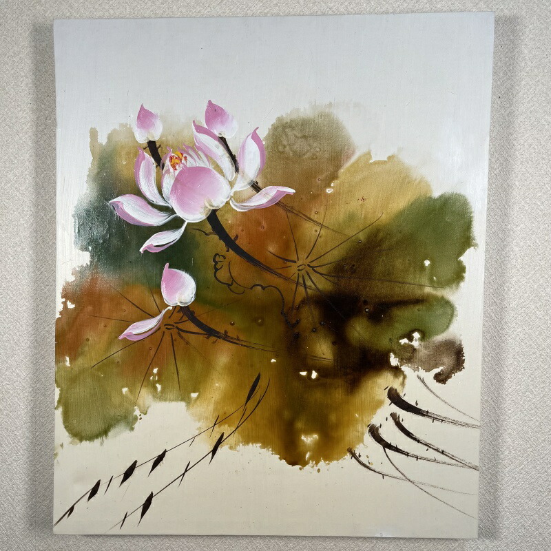 墨付き油彩 蓮 芙蓉 サクラ色 もの言う花 室内装飾図面 手書き油彩 作物ダイアログボックス 50×60ｃｍ 木枠張り 貨物輸送無料 差し上げ物 父の日
