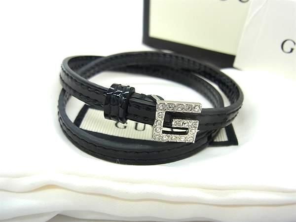 GUCCI グッチ ブレスレット Gロゴ ブラック系 パテントレザー レディース ラインストーン 2連 シルバー金具 超美品【本物保証】【中古】