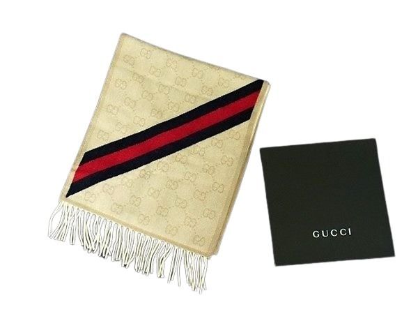 GUCCI グッチ マフラー シェリーライン 570603 アイボリー ウール100% ユニセックス GG柄 美品【本物保証】【中古】|3R boutique