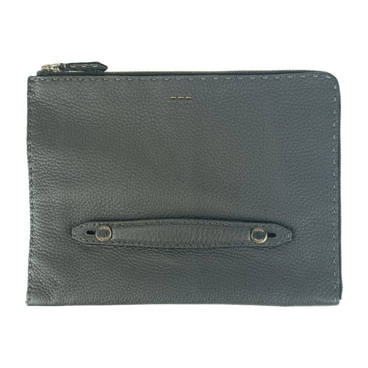 FENDI フェンディ クラッチバッグ セレリア 7M0225 グレー系 シルバー金具 レザー メンズ セカンドバッグ ポーチ Ｌ字ファスナー【本物保証】【中古】