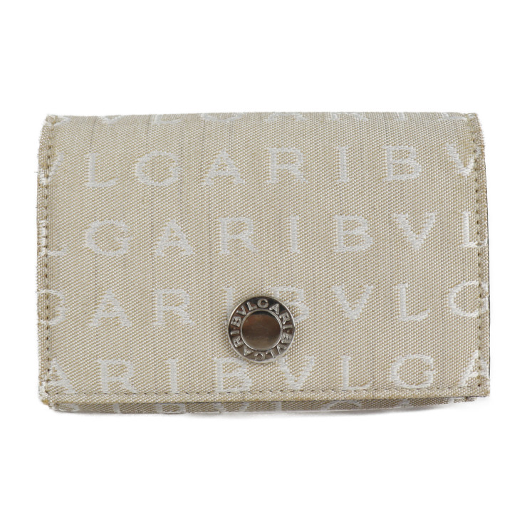 超美品 BVLGARI ブルガリ 名刺入れ カードケース 26549 キャンバス ピッグスキン ベージュ チョコレート ロゴマニア 二つ折り【本物保証】【中古】