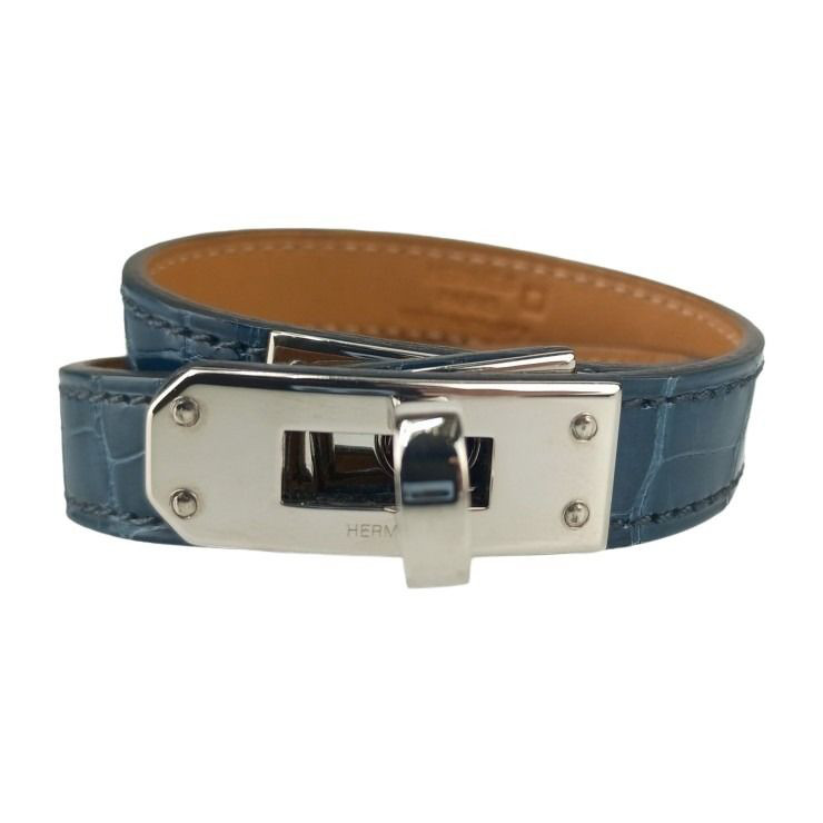HERMES エルメス ブレスレット KELLY DOUBLE TOUR 066303CK BLUE TEMPETE アリゲーター ユニセックス シルバー金具 美品【本物保証】【中古】