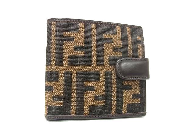 FENDI フェンディ 財布 ズッカ 0715814/0012 ブラウン ブラック キャンバス レザー ユニセックス 二つ折り 財布 美品【本物保証】【中古】