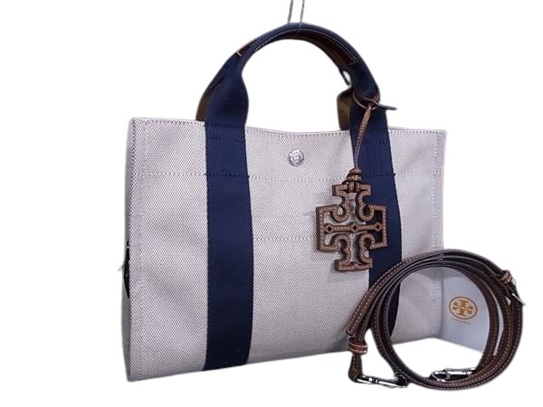TORY BURCH トリーバーチ ハンドバッグ トリー ツイル スモール トート 135043 ナチュラル×ネイビー系 キャンバス レディース 2WAY ショルダーバッグ ゴールド金具 美品【本物保証】【中古】