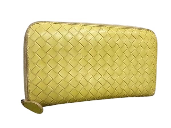 BOTTEGA VENETA ボッテガヴェネタ 財布 イントレチャート - イエロー レザー ユニセックス ラウンドファスナー 長財布【本物保証】【中古】
