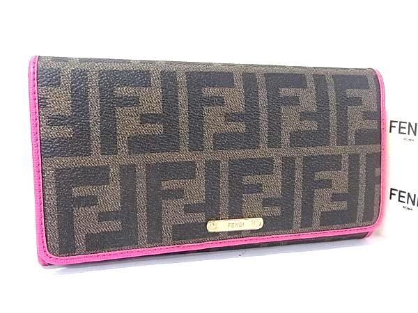 FENDI フェンディ 財布 ズッカ 8M0298 ブラウン ピンク PVC レザー レディース 二つ折り 長財布 超美品【本物保証】【中古】