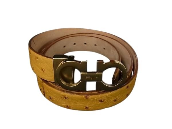 Salvatore Ferragamo フェラガモ ベルト ダブルガンチーニ 23 4120 イエロー オーストリッチ レディース ゴールド金具【本物保証】【中古】