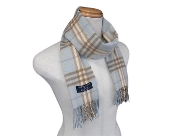 BURBERRY バーバリー マフラー ライトブルー系 カシミヤ100％ レディース チェック柄 フリンジ 美品【本物保証】【中古】｜3R boutique