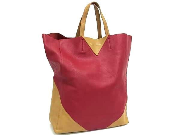 CELINE セリーヌ トートバッグ CABAS カバス 16440 レッド系×ベージュ系 レザー レディース バイカラー 美品【本物保証】【中古】