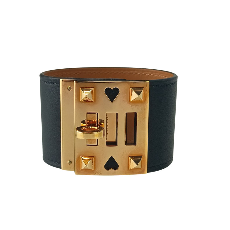 HERMES エルメス ブレスレット アス・ドゥ・クール ブラック レザー レディース ピンクゴールド金具 美品【本物保証】【中古】