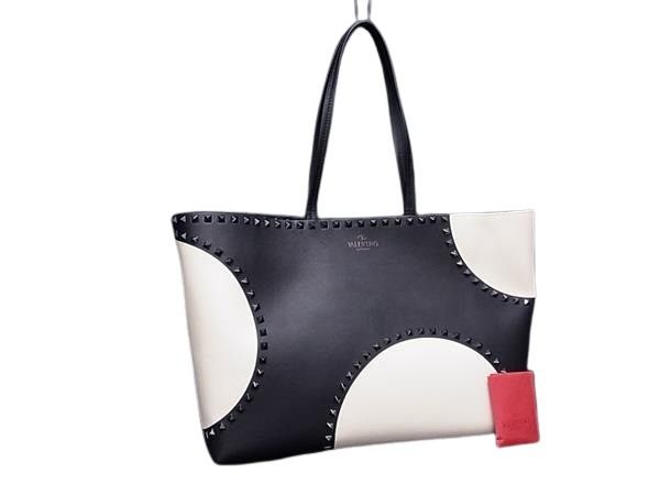 VALENTINO GARAVANI ヴァレンティノ ガラヴァーニ トートバッグ ロックスタッズ ブラック アイボリー レザー レディース 美品【本物保証】【中古】｜3R boutique