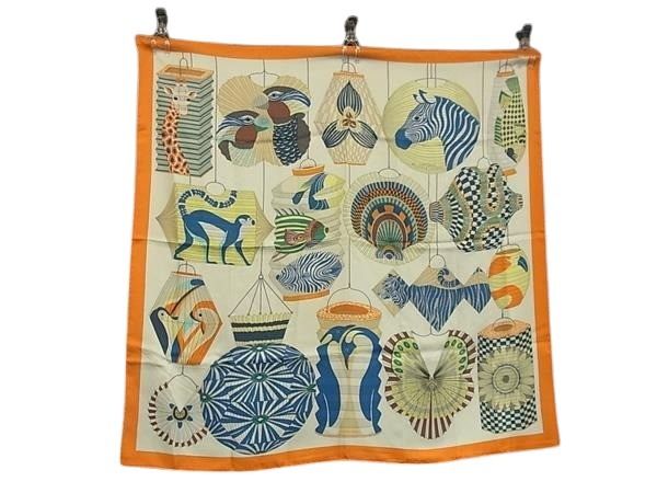 HERMES エルメス スカーフ カレ90 マルチカラー シルク100％ レディース LanternesBallons et Cocardes ランタン 風船 帽章 美品【本物保証】【中古】