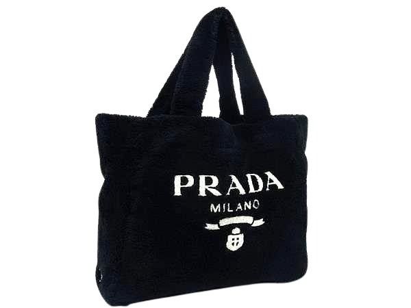 PRADA プラダ ハンドバック テリー トートバッグ 1BG130 ブラック系 パイル レディース 三角ロゴプレート 美品【本物保証】【中古】|3R boutique