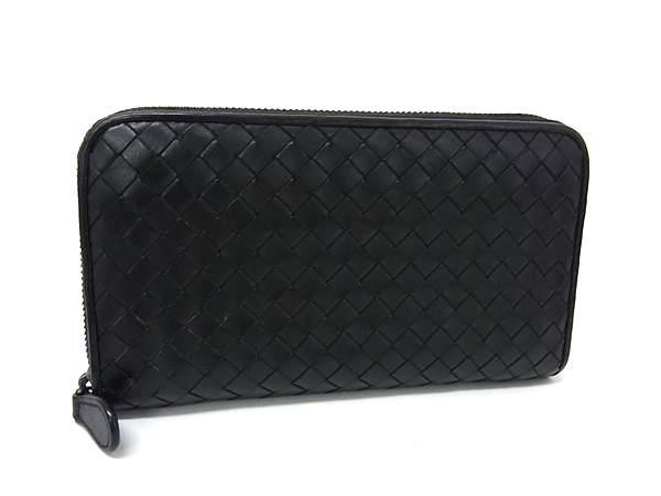 BOTTEGA VENETA ボッテガヴェネタ 長財布 イントレチャート 114076 ブラック系 レザー ユニセックス ラウンドファスナー シルバー金具 美品【本物保証】【中古】
