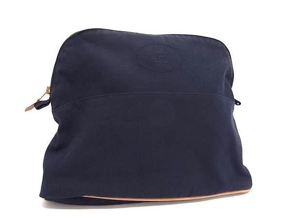 HERMES エルメス ポーチ ボリードポーチGM ネイビー系 コットン100％ レディース ゴールド金具 美品【本物保証】【中古】