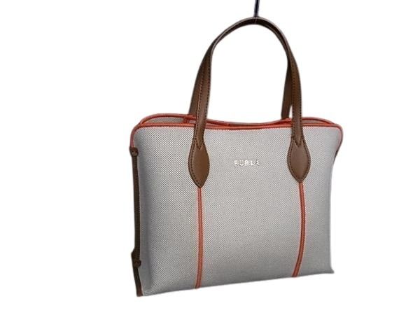FURLA フルラ ハンドバッグ ヴィットリア アイボリー オレンジ キャンバス レザー レディース 超美品【本物保証】【中古】
