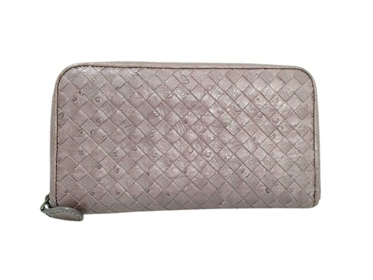 BOTTEGA VENETA ボッテガヴェネタ 財布 イントレチャート 114076 ブラウン系 オーストリッチ ユニセックス ラウンドファスナー 長財布【本物保証】【中古】