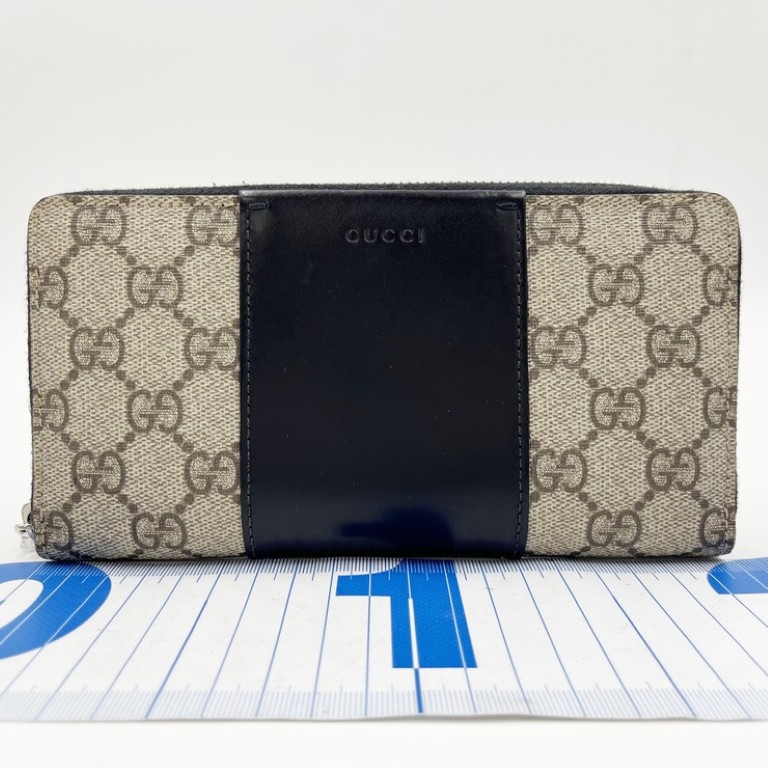GUCCI グッチ 長財布 GGスプリーム 779879 ベージュ×ブラック系 PVC レザー ユニセックス ラウンドファスナー シルバー金具 美品【本物保証】【中古】
