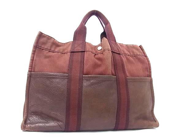 HERMES エルメス トートバッグ フールトゥ MM - ボルドー系 ブラウン系 コットン レザー ユニセックス ハーフレザー【本物保証】【中古】