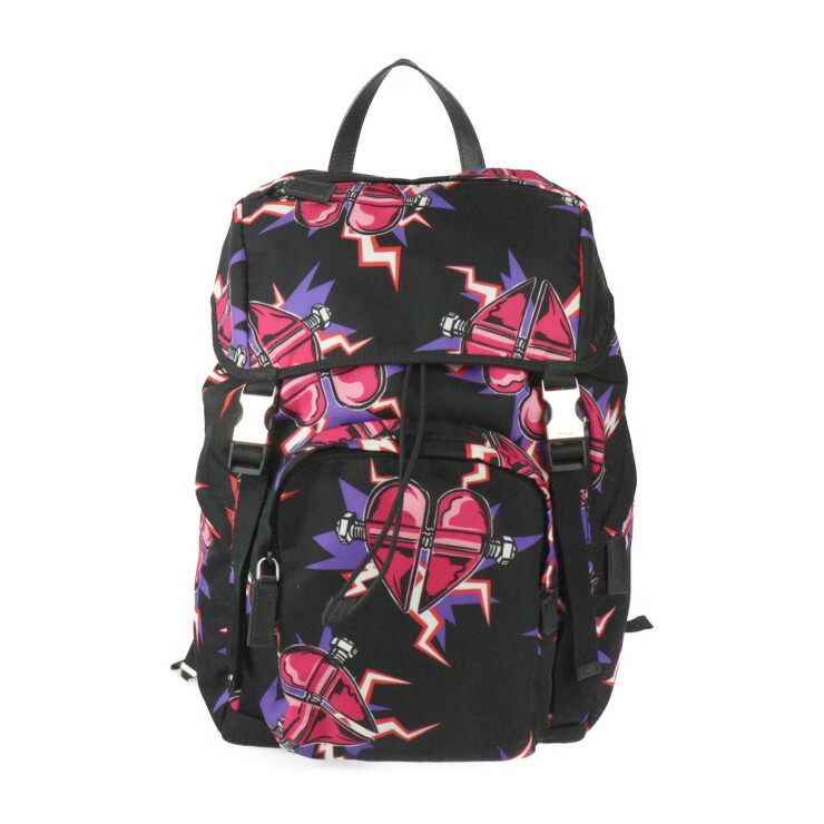 美品 PRADA プラダ フランケンシュタイン バックパック ユニバーサルスタジオ コラボ リュック・デイパック 2VZ135 ナイロン ブラック フューシャ シルバー金具【本物保証】【中古】