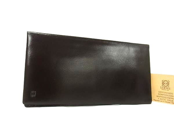 LOEWE ロエベ 財布 アナグラム - ダークブラウン レザー メンズ 二つ折り長財布 美品【本物保証】【中古】