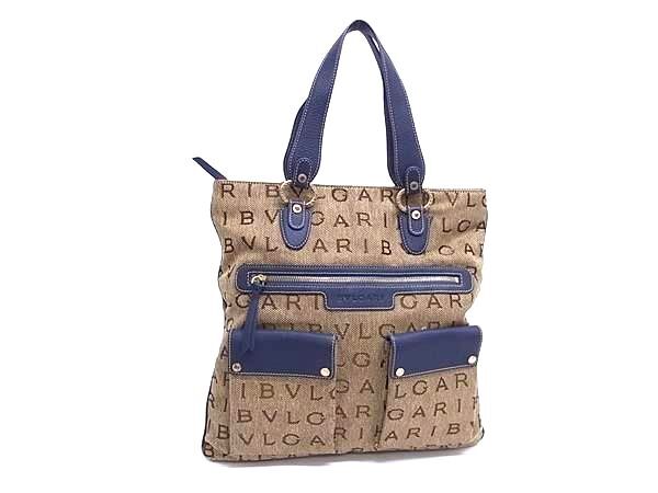 BVLGARI ブルガリ ショルダーバッグ ロゴマニア マキシレッタレ ベージュ ブルー キャンバス レザー レディース ゴールド金具 美品【本物保証】【中古】
