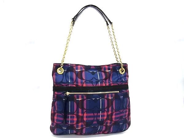 COACH コーチ ショルダーバッグ シグネチャー 21136 マルチカラー キャンバス レディース チェック柄 チェーン 美品【本物保証】【中古】