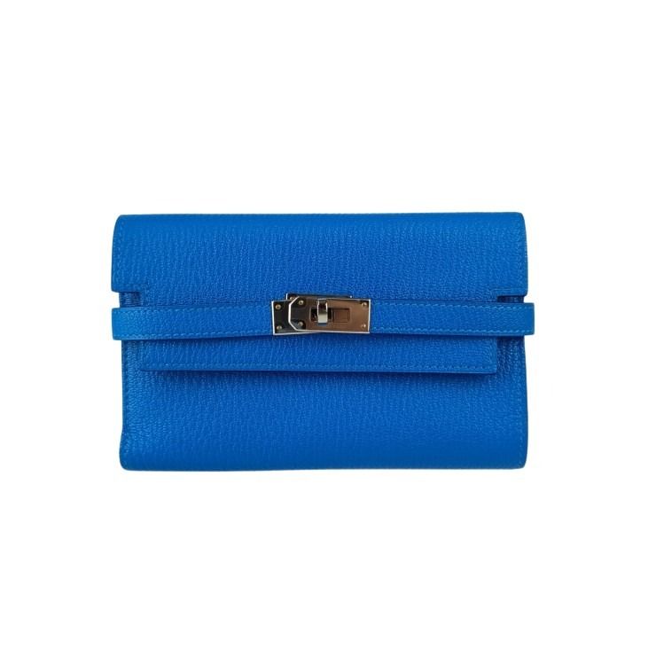 HERMES エルメス 財布/コインケース ケリー デプリアン ミディアムウォレット ブルー シェーブル レディース 三つ折り 長財布 シルバー金具 超美品【本物保証】【中古】