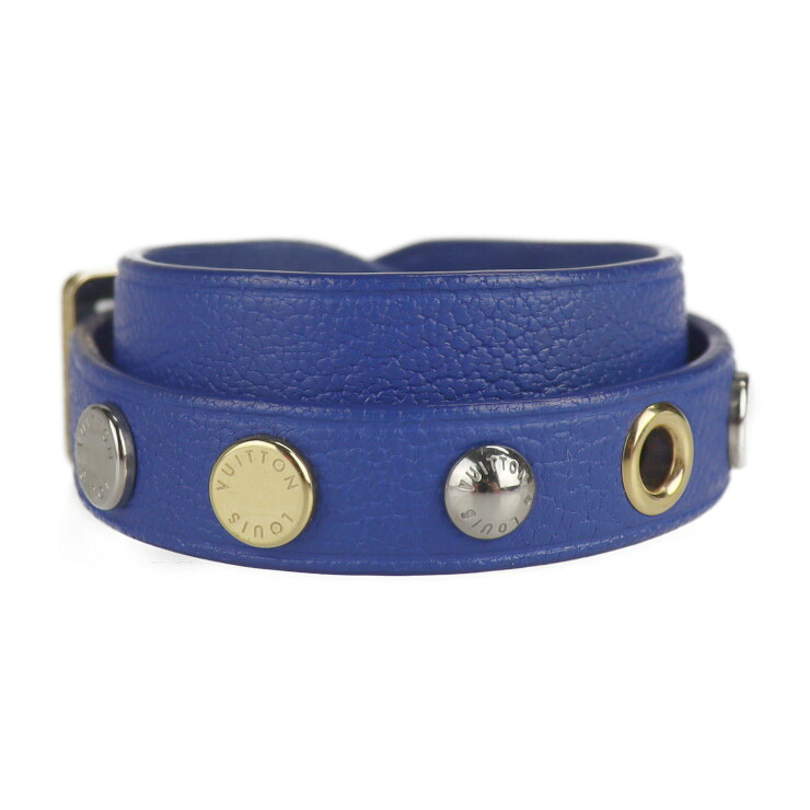 LOUIS VUITTON ルイ ヴィトン ブラスレ・スパイクイット ブレスレット M6693F ＃17 レザー ブルー ゴールド金具 シルバー金具 二重【本物保証】【中古】
