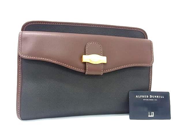 dunhill ダンヒル セカンドバッグ 二つ折り クラッチバッグ ダークグレー系 ブラウン系 PVC レザー メンズ ヘリンボーン柄 ゴールド金具 美品【本物保証】【中古】 14,223円