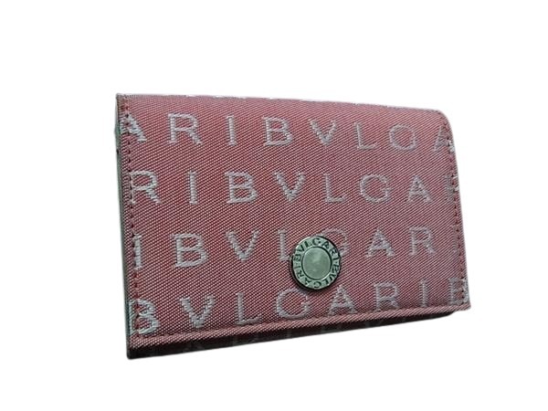 BVLGARI ブルガリ カードケース ロゴマニア - ピンク系 キャンバス レザー レディース シルバー金具 美品【本物保証】【中古】