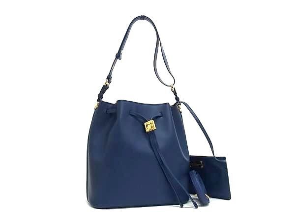 SALVATORE FERRAGAMO フェラガモ ショルダーバッグ ガンチーニ AU-21/F269 ブルー系 レザー レディース ドローストリング 2WAY ゴールド金具 美品【本物保証】【中古】｜3R boutique